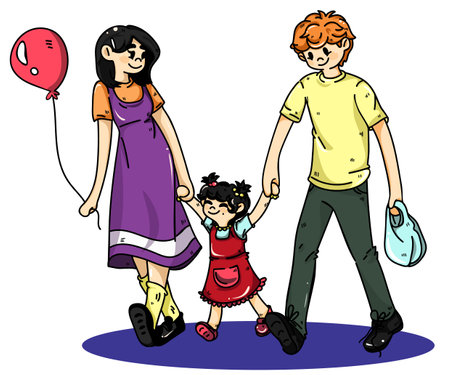 Happy family is holding hands. Color flat cartoon vector illustration isolatedのイラスト素材