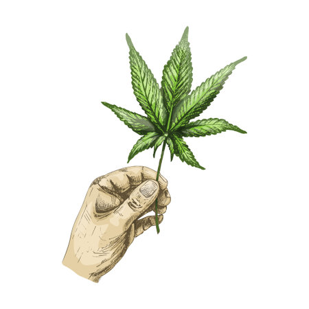 Male hand holding marijuana leaf. Vector color vintage hatching illustrationのイラスト素材