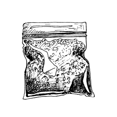 Plastic bag for marijuana. Vector black vintage hatching illustrationのイラスト素材