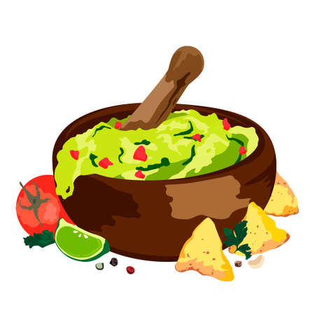 Quacamole in bowl- mexican traditional food. Vector color illustration. Isolated on white background. Hand drawn designのイラスト素材