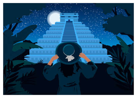 Woman in a hat looking at the Mayan pyramid. Vector color hand drawn flat illustration on background panorama night skyのイラスト素材