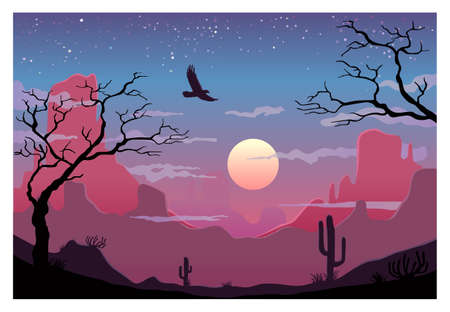 Desert with mountains and cactus on background panorama sunset sky with clouds. Vector flat color illustration.のイラスト素材