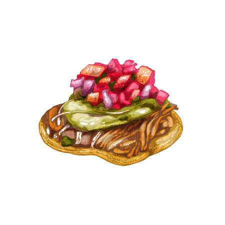 Tostadas with lettuce and salad. Mexican traditional food. Vector vintage hatching color illustration. Isolated on white background. Hand drawn designのイラスト素材