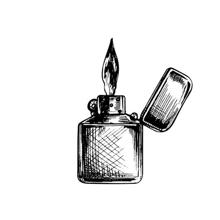 Metal open handle lighters with flame. Vintage vector hatchingのイラスト素材