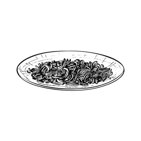 Chow mein on plate. Vintage vector hatching hand drawn illustration isolatedのイラスト素材