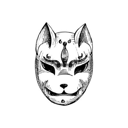 Japanese Kitsune fox mask. Vintage vector hatchingのイラスト素材
