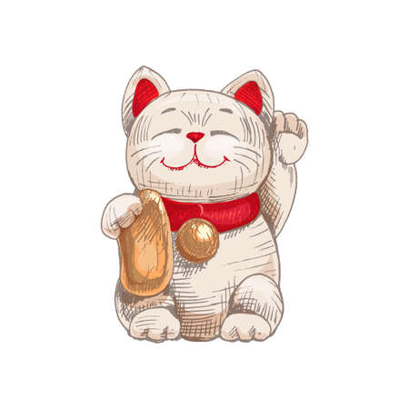 Maneki neko. Japan lucky cat with raised paw. Vintage vector hatchingのイラスト素材