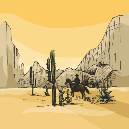 Horseman mexican rides on background panorama mountains and desert.のイラスト素材