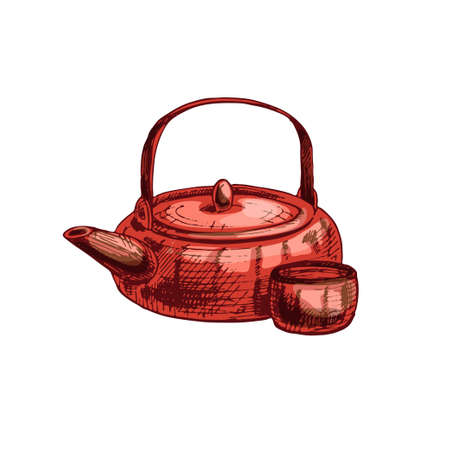 Asian red ceramic teapot and cup. Vintage vector hatching illustrationのイラスト素材