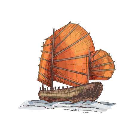 Junk floating on the sea waves. VVintage vector hatching illustration.のイラスト素材