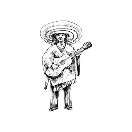 Man dressed in the poncho, sombrero playing the guitar. Vintage hatchingのイラスト素材