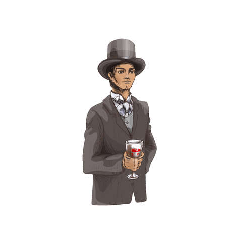 Gentleman holding glass wine. Vintage hatching illustration. Isolated on whiteのイラスト素材