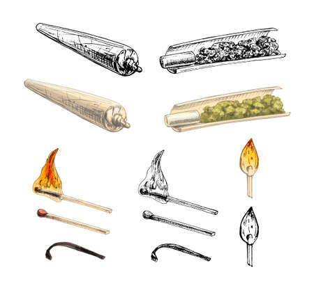 Handmade cigarettes and matches. Vintage vector hatching color hand drawn illustration isolated on white background for cannabis shopのイラスト素材