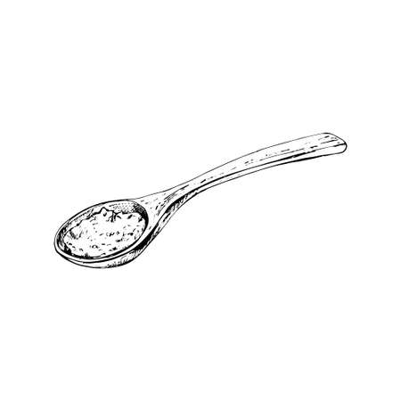 Wooden spoon with crushed piece salt. Vintage vector hatchingのイラスト素材