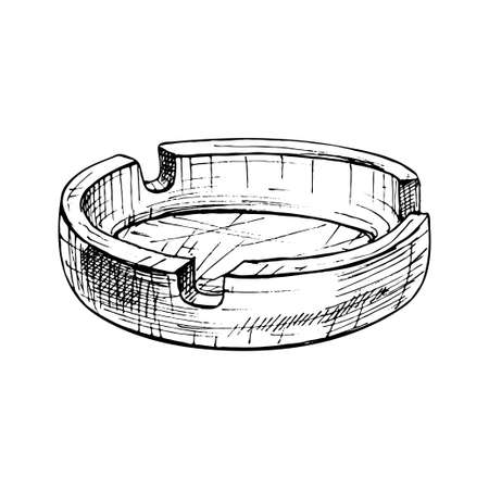 Ashtray. Vintage hatching vector black illustration isolated on white background.のイラスト素材