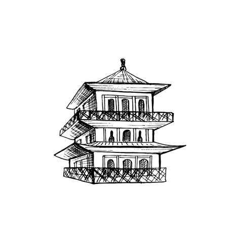 Pagoda japanese temple. Vintage hatching black illustrationのイラスト素材