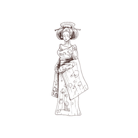 Woman dressed in kimono. Vintage vector hatching illustrationのイラスト素材