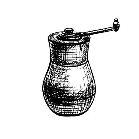 Wood pepper mill. Vector vintage hatching color illustration. Isolated on whiteのイラスト素材