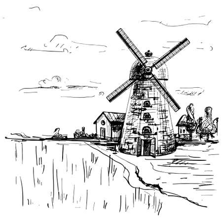 Windmill on wheat field. Vintage vector hatching illustrationのイラスト素材