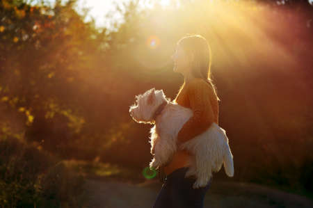Silhouette of a woman holding dog in hands in sundown raysの写真素材