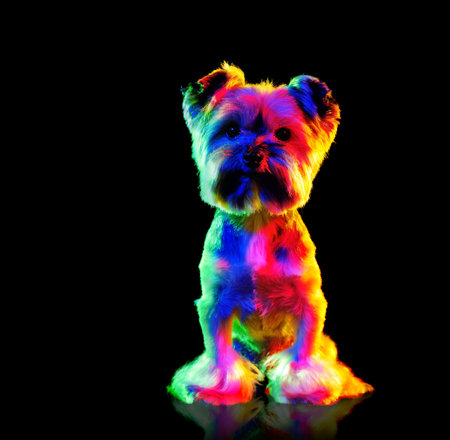Sitting yorkshire terrier in a black studio illuminated with gel colorful lightsの写真素材