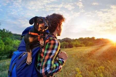 Boy hiking at the sundown with a dog in the backpackの写真素材