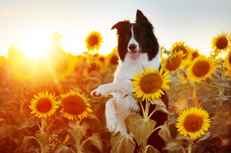 Border collie on hind legs at the sunflowers fieldの写真素材