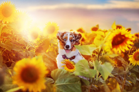 Pretty aussie puppy at the sunflowers fieldの写真素材