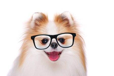Head portrait of spitz wearing glassesの写真素材