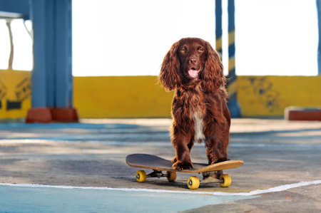Portrait of a worker spaniel standing on the skateboardの写真素材