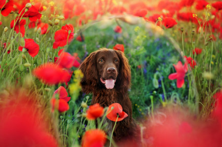 Cocker spaniel dog reflected in the mirror at the poppy fieldの写真素材