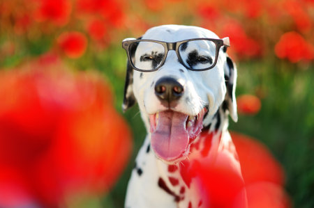 Head portrait of a dalmatian dog wearing glassesの写真素材