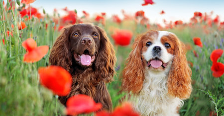 Head shot of two spaniel purebred dogs at the poppy field