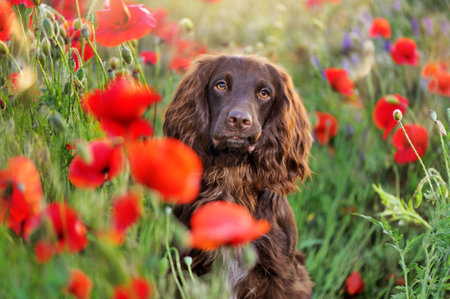 Worker spaniel dog sitting at the blooming poppy fieldの写真素材