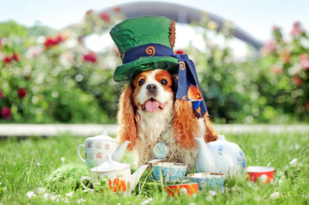 Pretty king charles spaniel playing Mad hatter at the gardenの写真素材