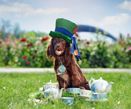 Hppy worker spaniel dressed as Mad Hatter at the tea partyの写真素材