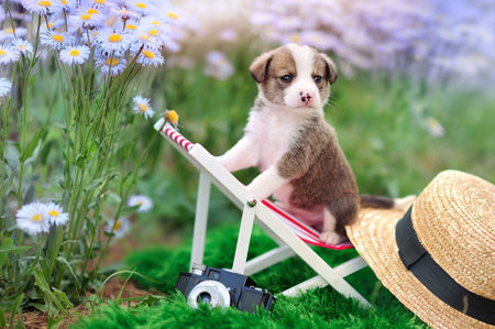 Mixed breed puppy in the garden having rest in the deck chairの写真素材