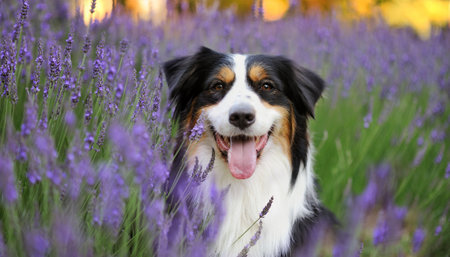 Portrait of a pretty dog sitting in lavender flower bedの写真素材