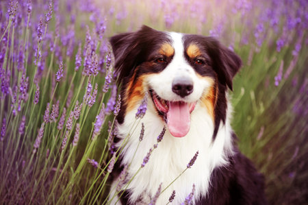 Head portrait of australian shepherd against lavender flowersの写真素材