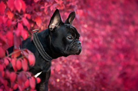 Profile view of a black french bulldog against purple foliageの写真素材