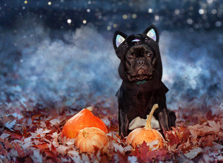 black french bulldog wearing halloween black cat costumeの写真素材