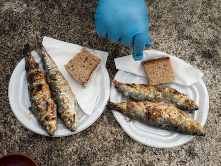 plate of grilled sardines in traditional Spanish festivalの写真素材