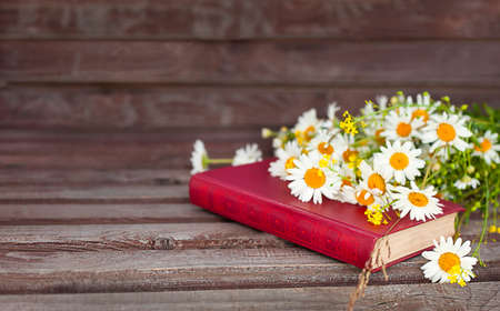 book with a bouquet of daisies on a wooden table close-upの写真素材