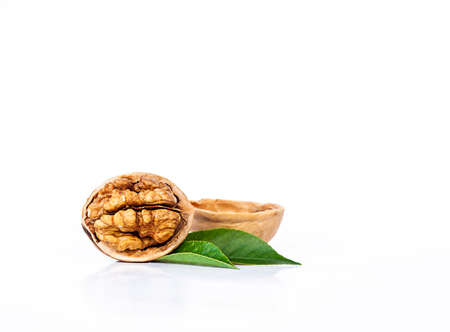 walnut with leaves isolated on white background