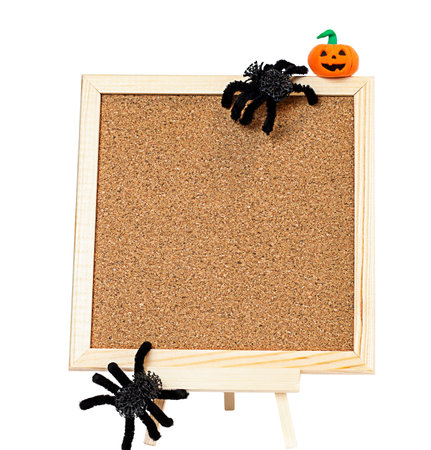 blank visual board with spiders and pumpkin on white background. halloween conceptの写真素材