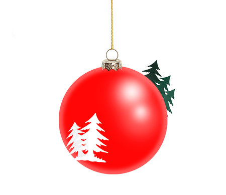 red christmas ornament with fir trees on white backgroundの写真素材