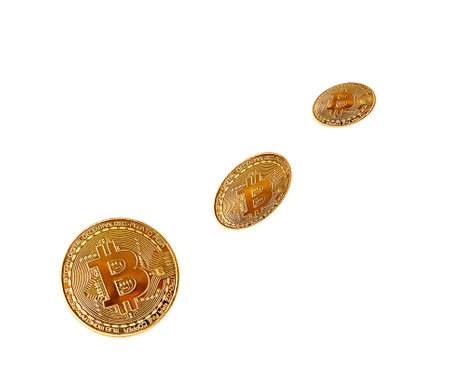 golden bitcoin coins isolated on white background. Levitation