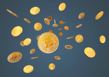 gold coins on a blue background. Levitation