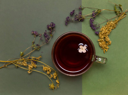 a mug of tea on a green background with dried plants. View from aboveの写真素材