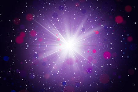 Abstract background with rays of light, bokeh lights and stars.の写真素材